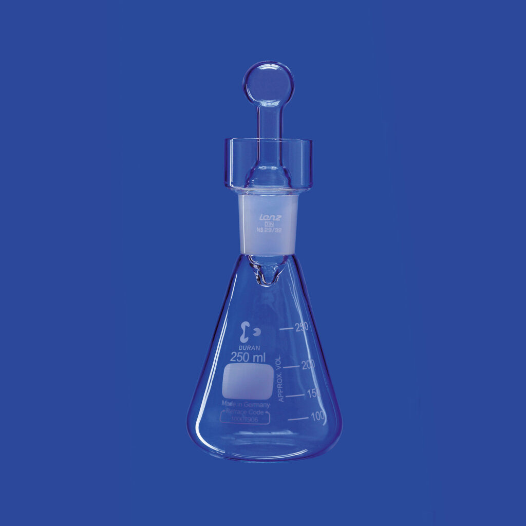 Jodzahl-Kolben mit Normschliff, mit Kragen