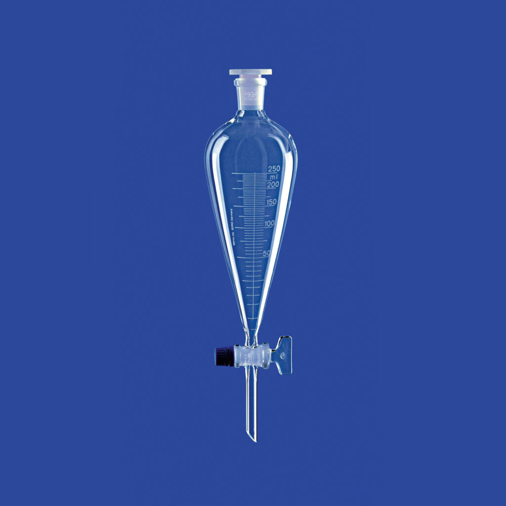 Scheidetrichter nach Squibb, mit Glasküken, mit Teilung