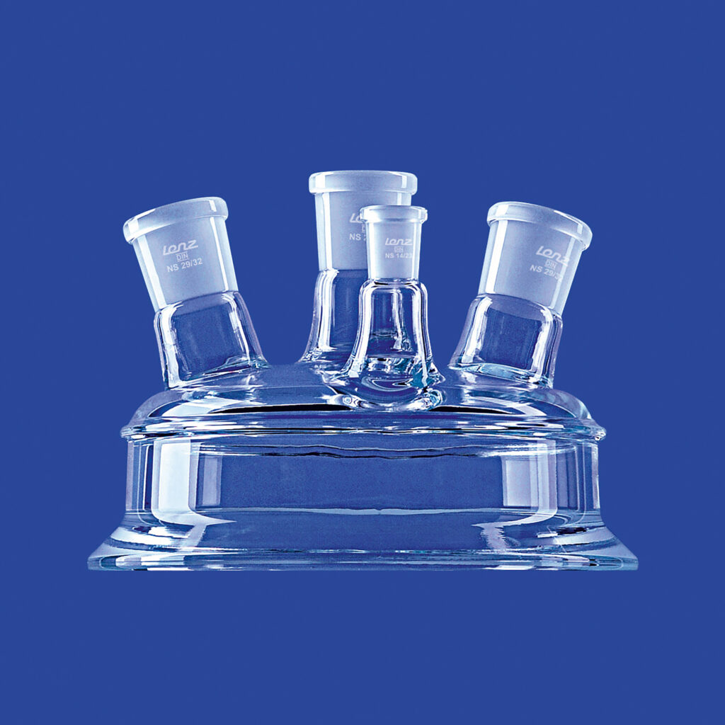 Planschliff-Deckel, Mittelhals, zwei schräge Seitenhälse, ein gerader Seitenhals